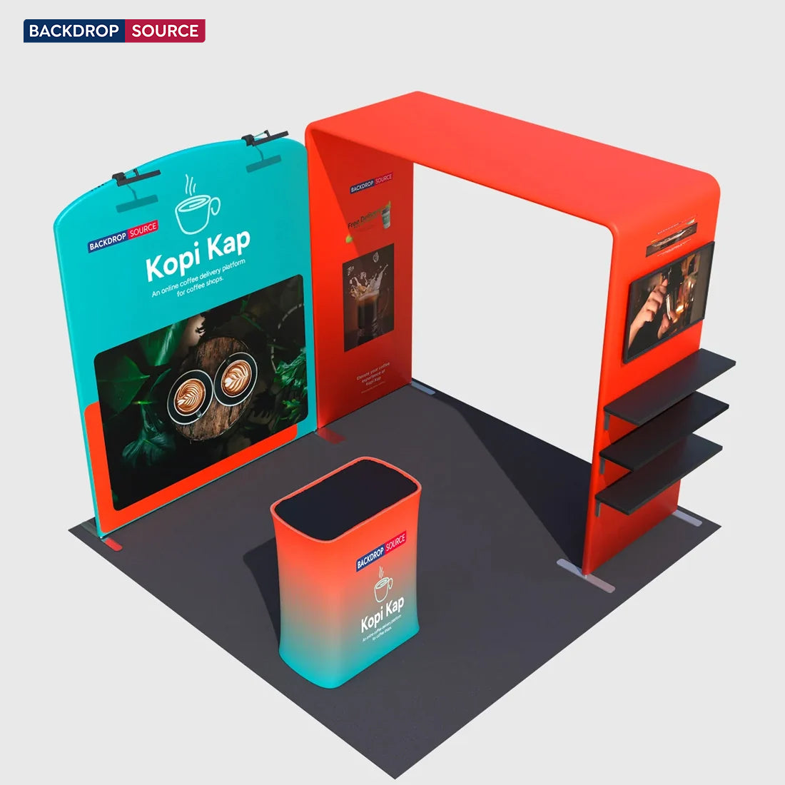 3x3m Booth Kit with Sloped & Square Arches, TV Mount & Counter