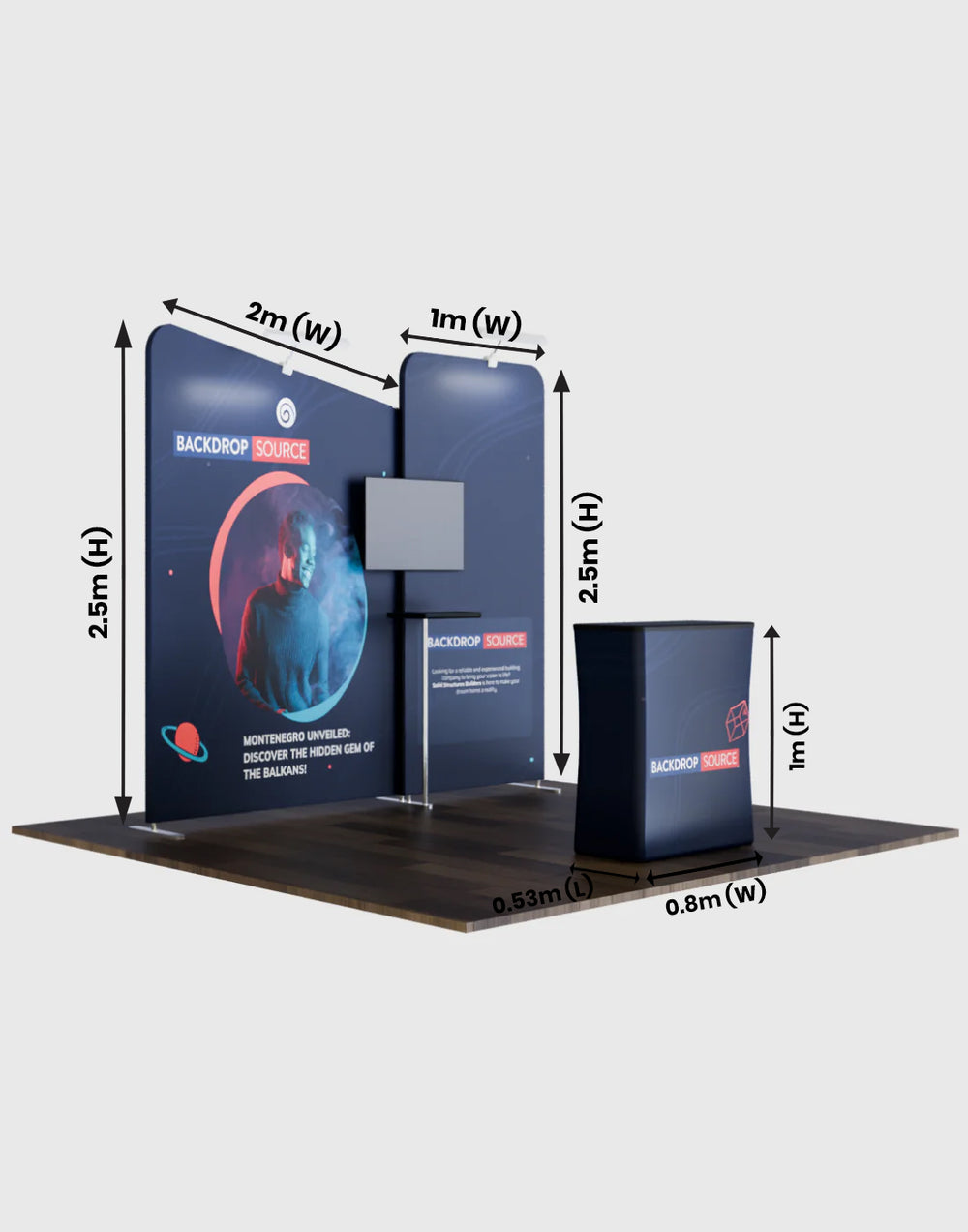 3x3m Booth Kit with Straight & Inclined Walls, Counter & TV Mount