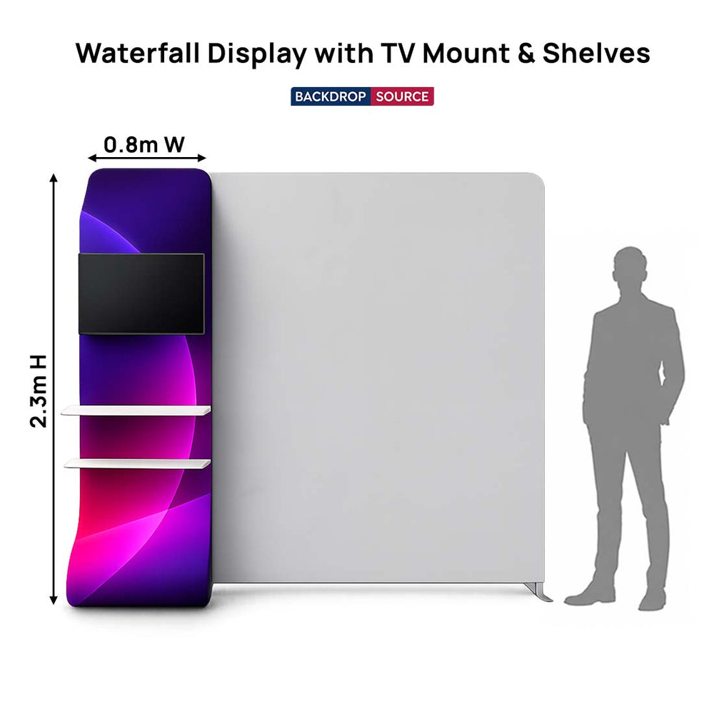 Retail Waterfall Display with TV Mount & Storage Shelves