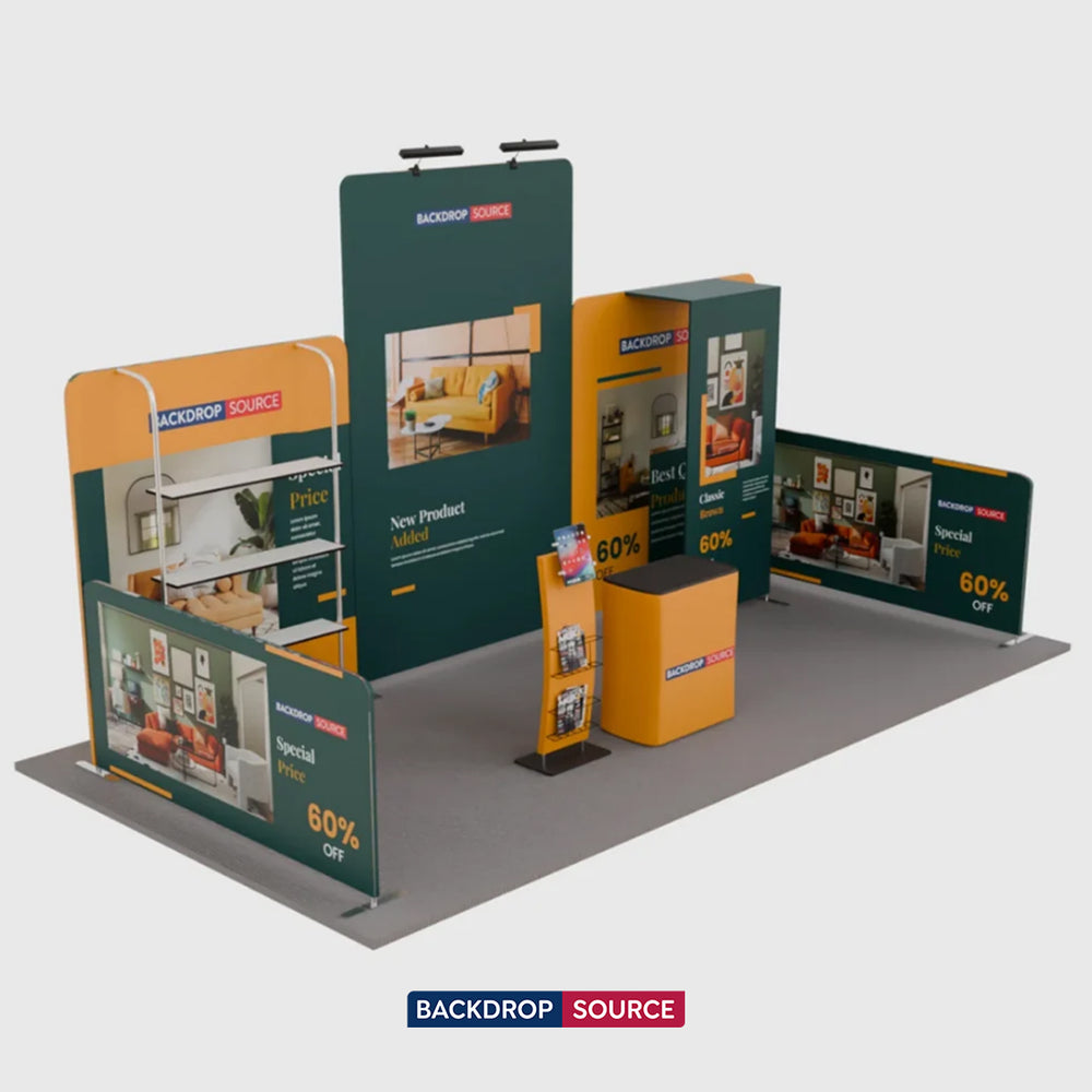 6x3m Booth Kit with Tension Walls, Shelving, Counter & iPad Stand
