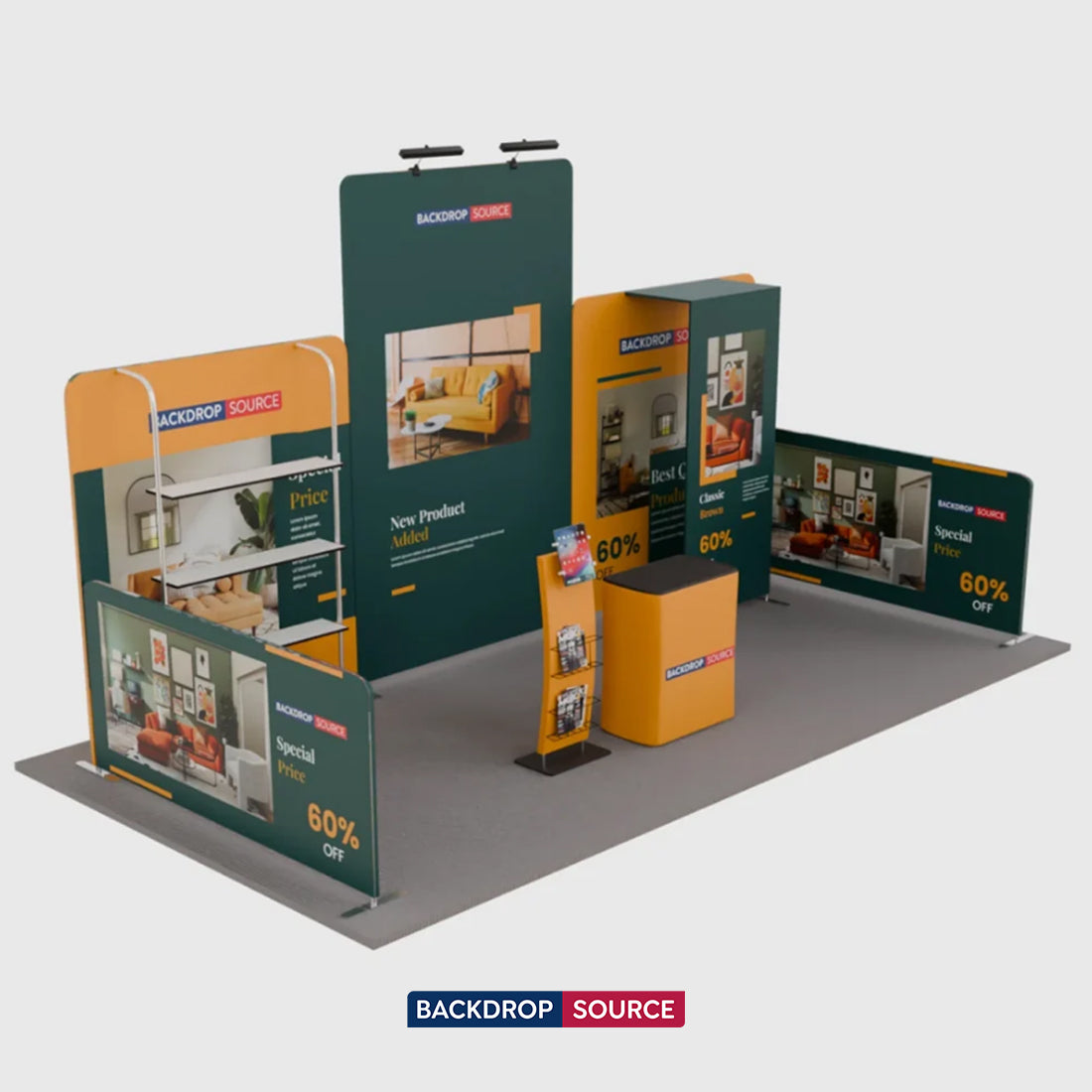 6x3m Booth Kit with Tension Walls, Shelving, Counter & iPad Stand