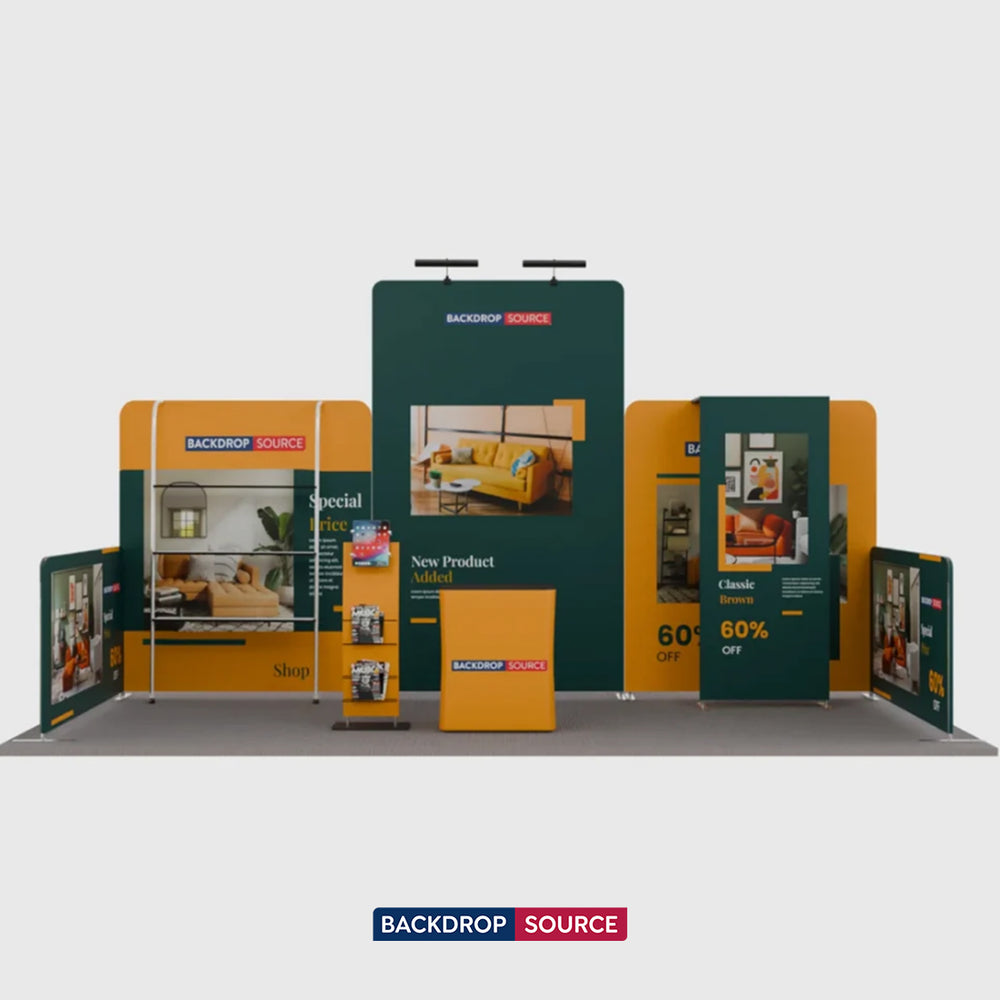 6x3m Booth Kit with Tension Walls, Shelving, Counter & iPad Stand
