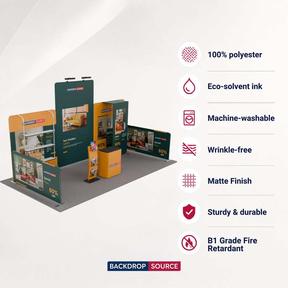 6x3m Booth Kit with Tension Walls, Shelving, Counter & iPad Stand