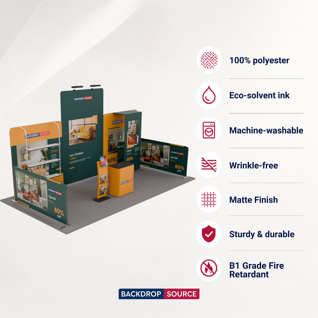 6x3m Booth Kit with Tension Walls, Shelving, Counter & iPad Stand