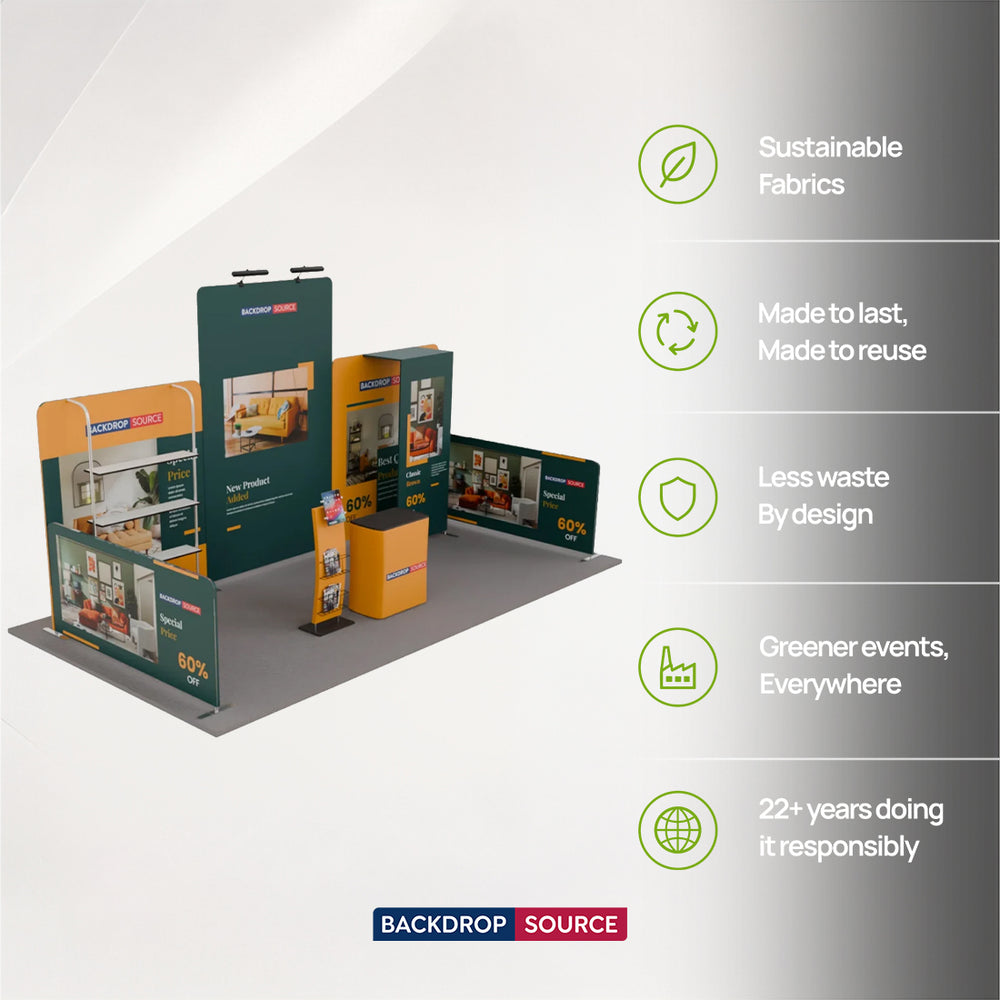 6x3m Booth Kit with Tension Walls, Shelving, Counter & iPad Stand
