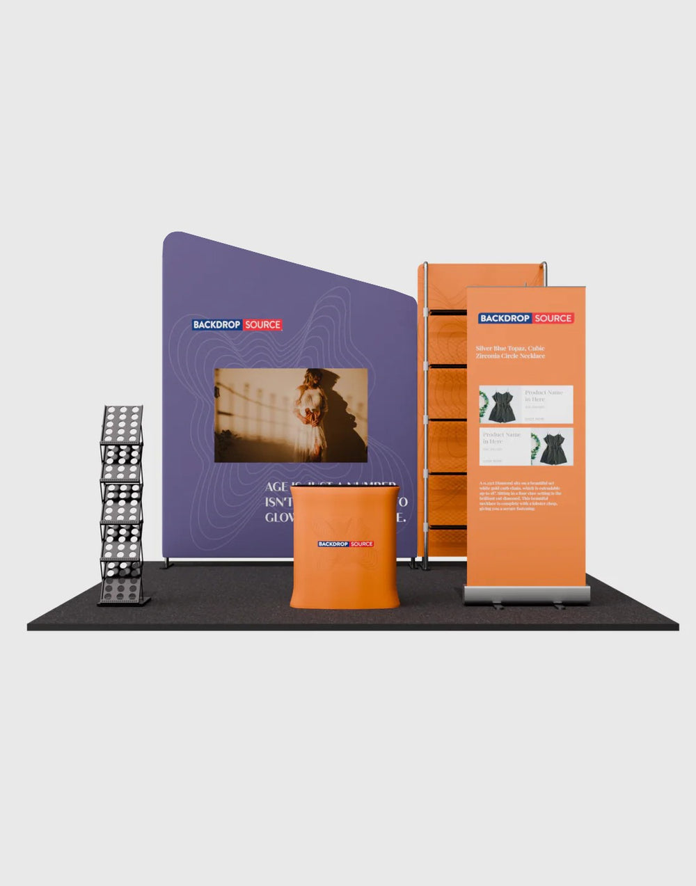 3x3m Booth Kit with Inclined Wall, Pegboard Shelving & Roll-Up