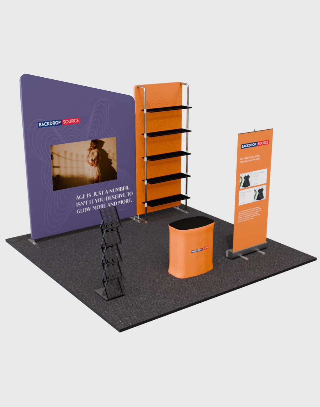3x3m Booth Kit with Inclined Wall, Pegboard Shelving & Roll-Up