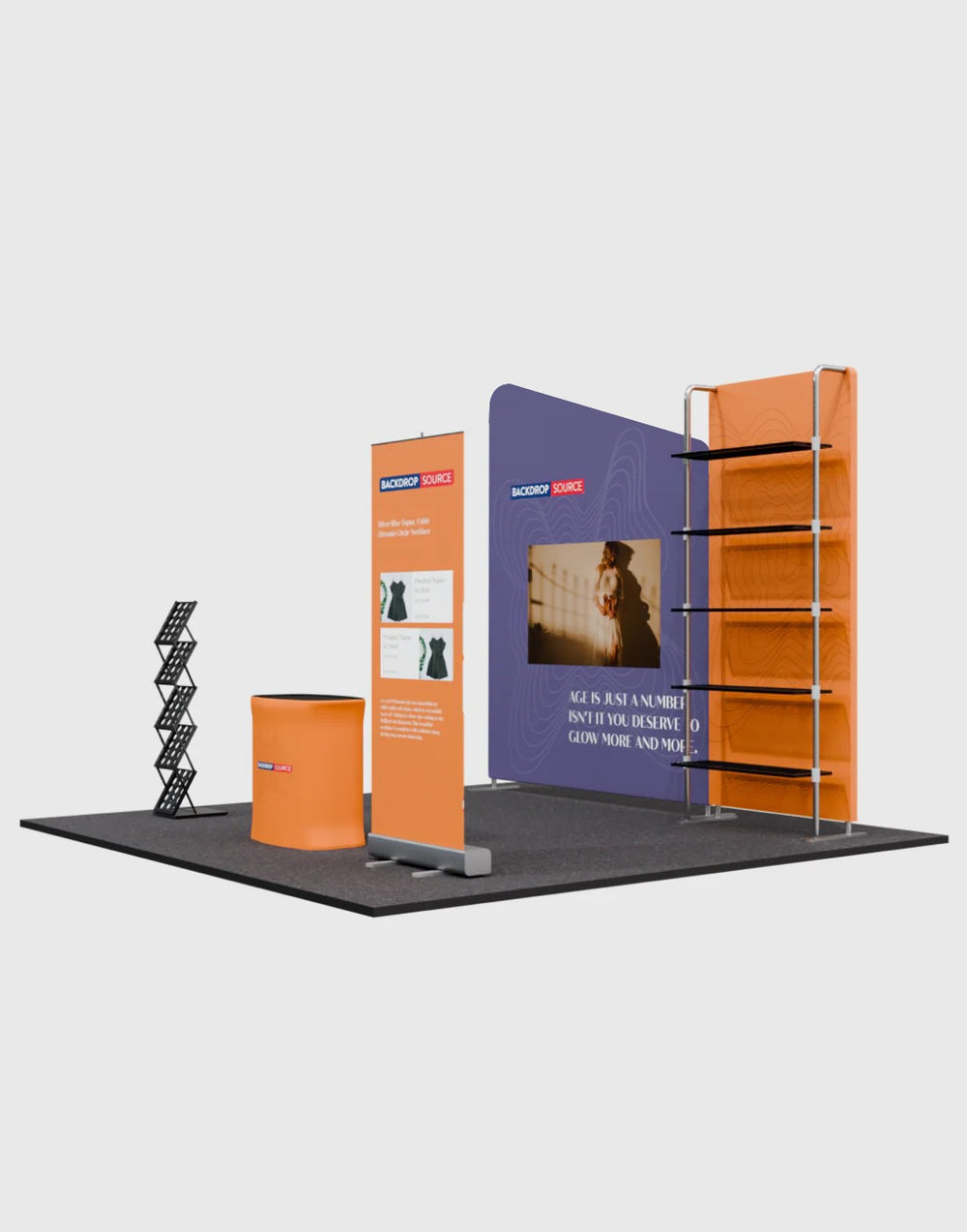 3x3m Booth Kit with Inclined Wall, Pegboard Shelving & Roll-Up