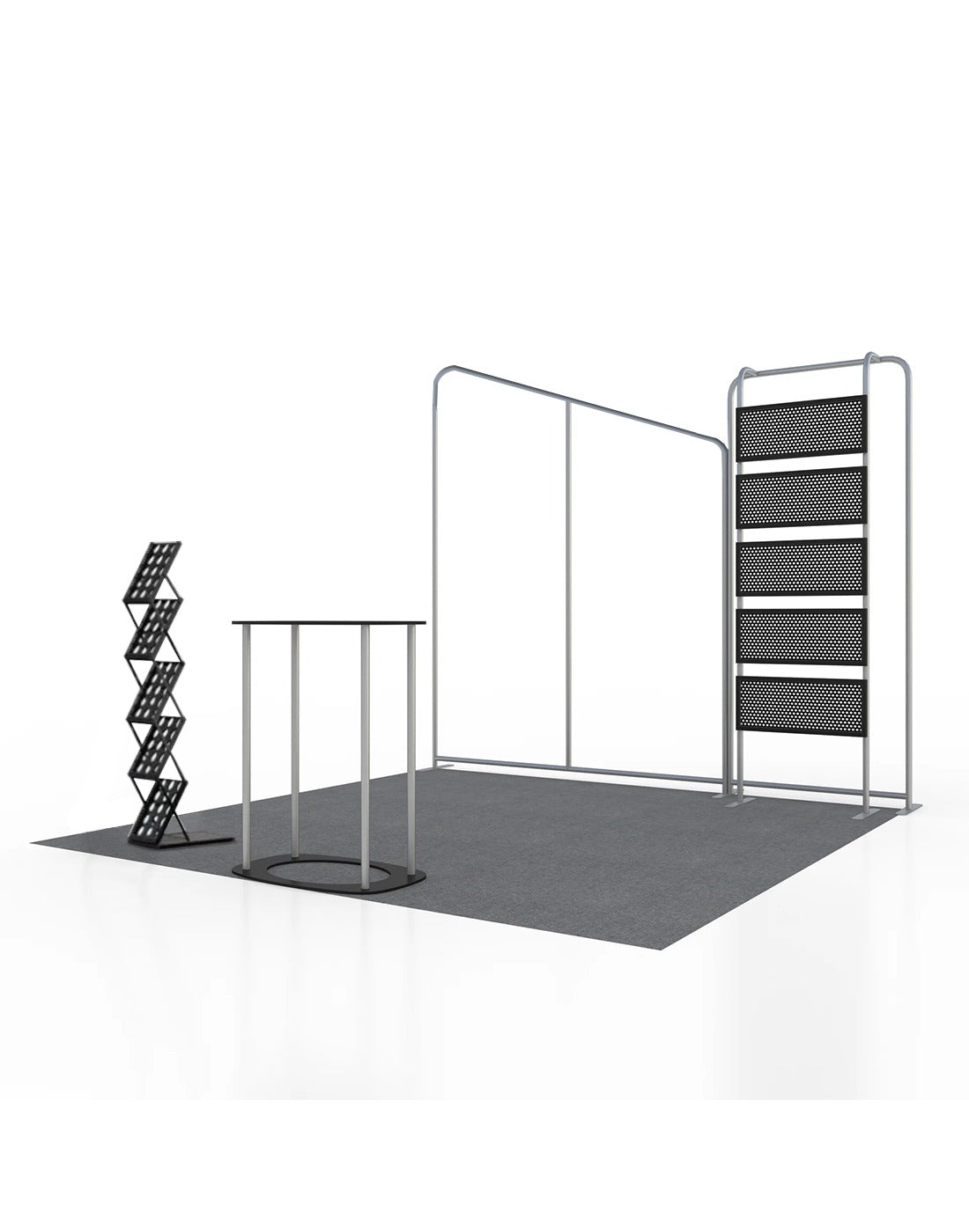 3x3m Booth Kit with Inclined Wall, Pegboard Shelving & Roll-Up