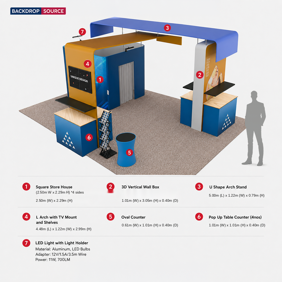6x6m Booth Kit with Enclosed Storage Room, TV Arch & 5 Counters