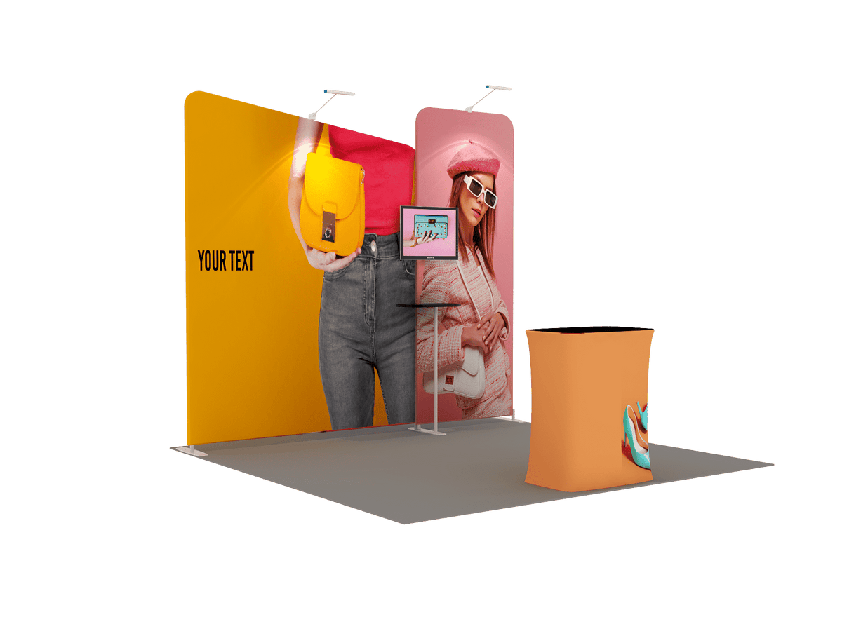 3x3m Booth Kit with Straight & Inclined Walls, Counter & TV Mount