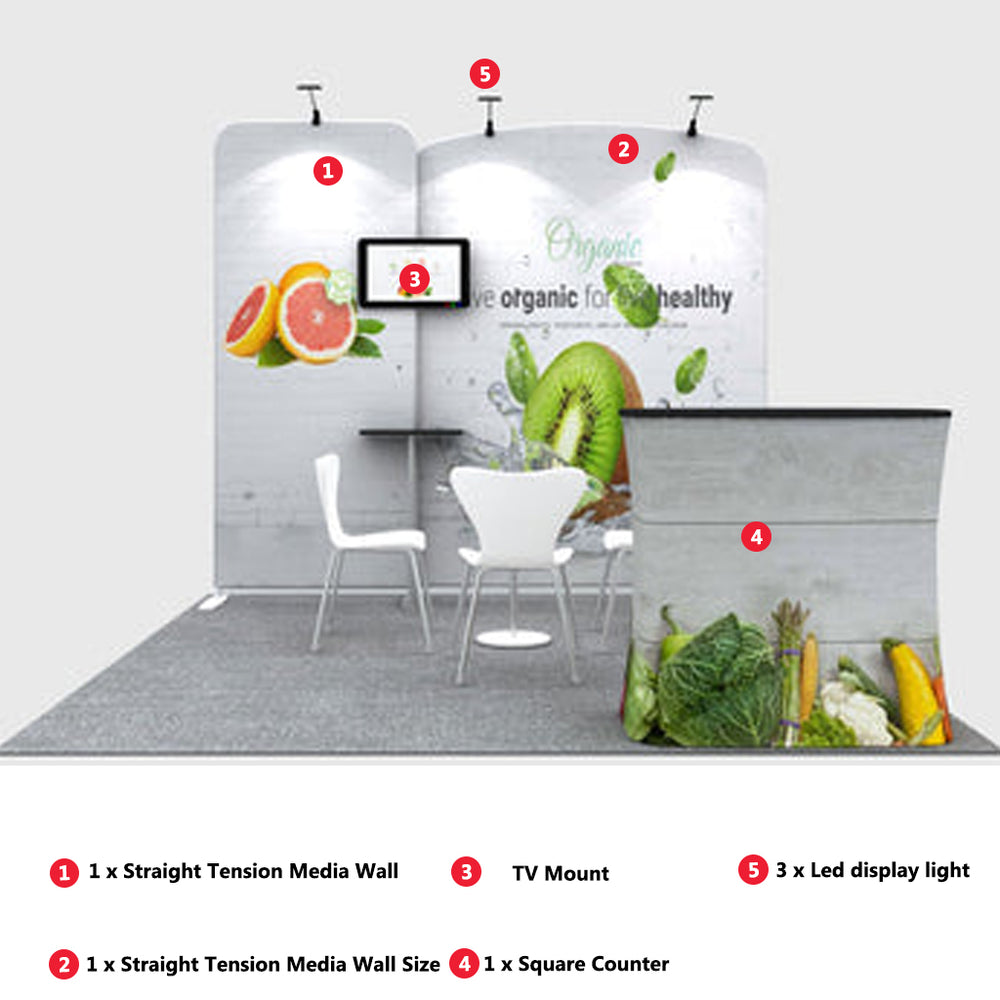 3x3m Booth Kit with Sloped & Straight Walls, Counter & TV Mount