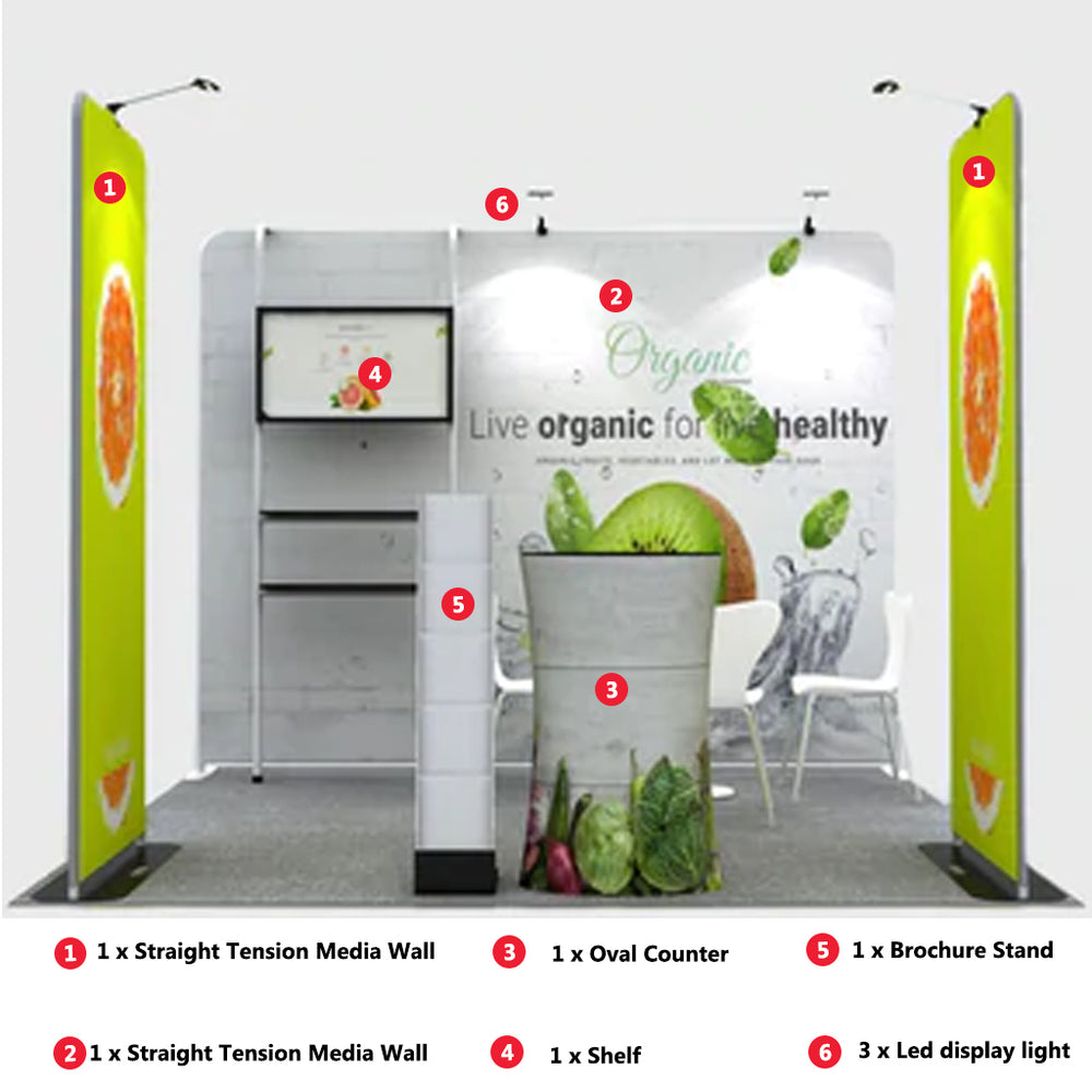 3x3m Booth Kit with Backwall, 2 Banners, TV Shelf & Oval Counter